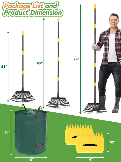 Garden Rake for Leaves Lawns, 3-in-1 Gardening Tools Set with 5 ft Metal Rake, Leaf Scoops Hand Claws, 32 Gallon Reusable Yard Waste Bag, Heavy Duty 25-Tine Rakes for Quick Pick Up, Clear n Collect