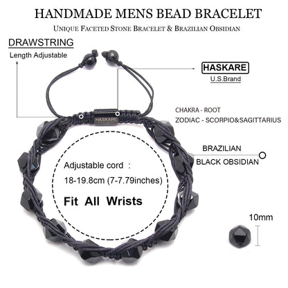 HASKARE Easter Gifts for Men Teens - Handmade Gift Protection Strength Natural Obsidian Beaded Bracelet for Dad Son Husband Brother Boyfriend
