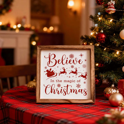 Christmas Wall Decor, Believe in the Magic of Christmas Quote Sign, Santa Sleigh Framed Wood Wall Accent for Cozy Living Room or Bedroom, MDF Holiday Hanging Plaque