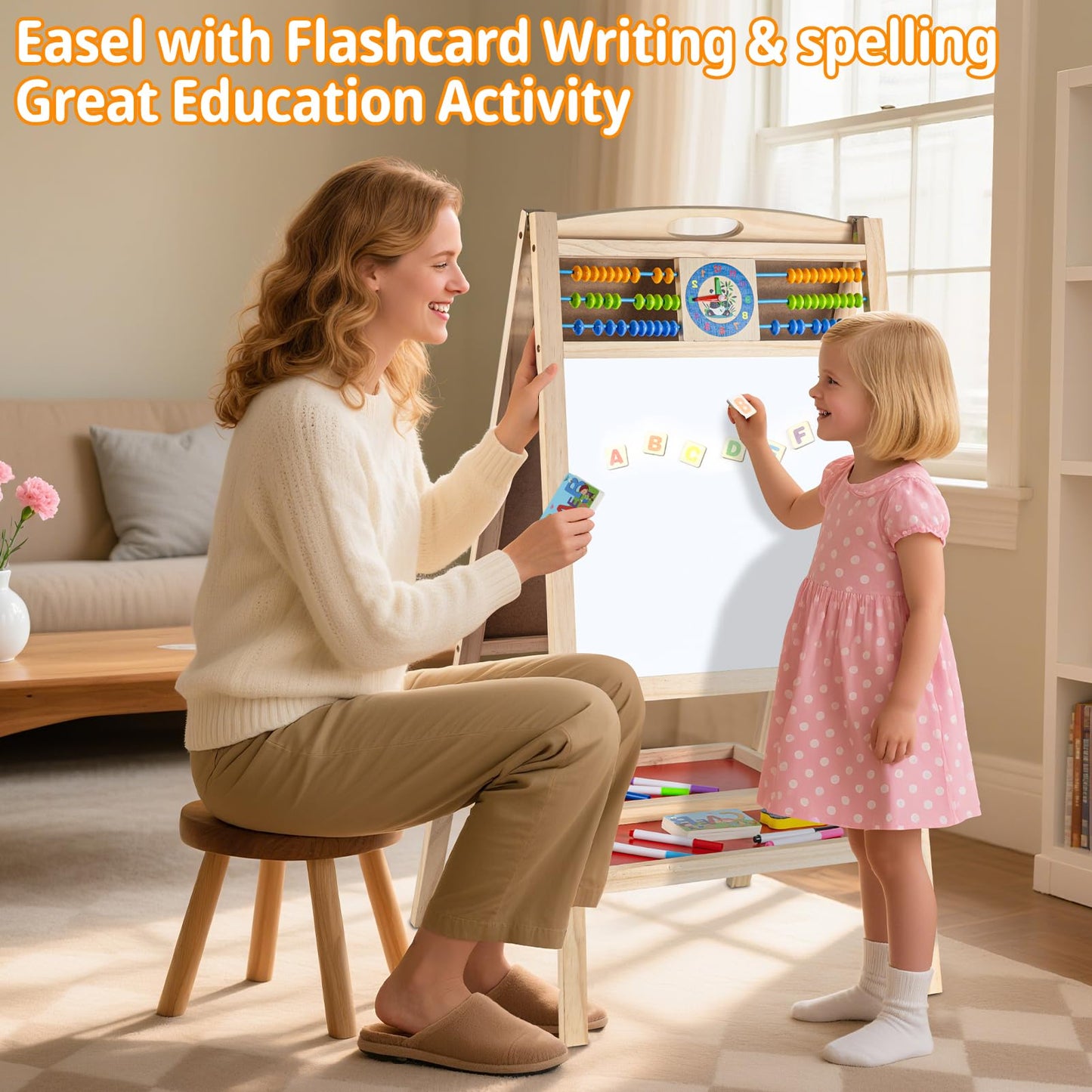 Kids Wooden Easel with Abacus, Double Sided Magnetic Drawing Board Dry Erase Whiteboard & Chalkboard， Foldable Easel for Toddlers 2-4 Years Painting Easel Kids 3-6