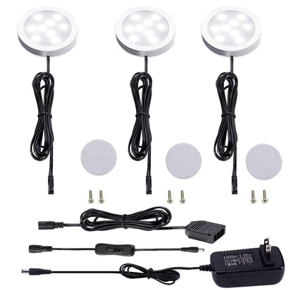 AIBOO 12V LED Under Cabinet Lighting Kit 3 Packs Slim Aluminum Puck Lights with 2-Way Switch All Accessories Included for Counter Closet Lighting 6W (Daylight White)