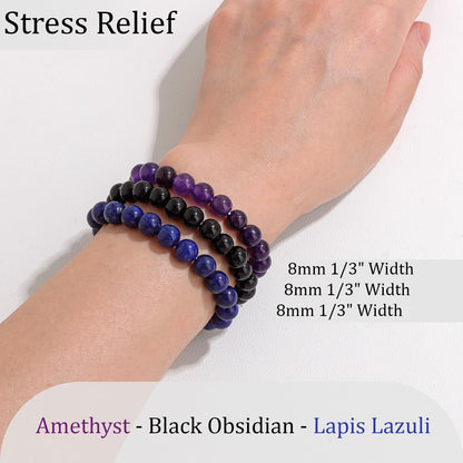 Vinswet Healing Crystal Bracelets for Women Men 8mm Amethyst Lapis Lazuli Black Obsidian Natural Stone Beaded Stretch Bracelet Handmade Gemstone Stress Relief Reiki Spiritual Jewelry Gifts