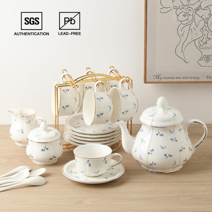 Sweejar 23 Pcs Floral Tea Sets with Metal Holder, Relief Gold Rim Porcelain Tea Sets for Adults, Cup and Saucer Set for 6, with Teapot, Sugar Bowl, Milk Jug, Spoons (Blue Flower)
