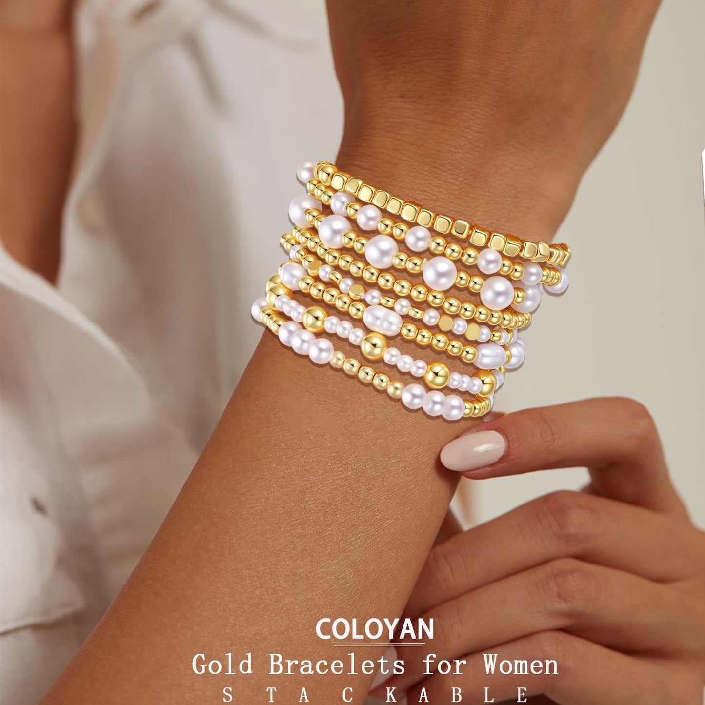COLOYAN 10PCS Gold Bracelets for Women Stack, Cross Beaded Strand Bead Ball Stackable Gold Bracelet, Pearl Beaded Bracelets Elastic Bracelet Set