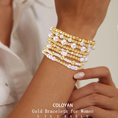 COLOYAN 10PCS Gold Bracelets for Women Stack, Cross Beaded Strand Bead Ball Stackable Gold Bracelet, Pearl Beaded Bracelets Elastic Bracelet Set