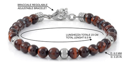 10:10 Beaded Bracelet for Men and Women – Natural Red Tiger Eye Gemstones and Stainless Steel – Adjustable & Durable & Elegant – Made in Italy