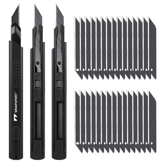 WRAPXPERT Utility Knife Retractable with 30 Degree Snap Off Blade,Box Cutter for Carton,Razor Knife Exacto Craft,3 Pack Retractable Knife for Office,Home Use,with 30 Extra 9mm Blades