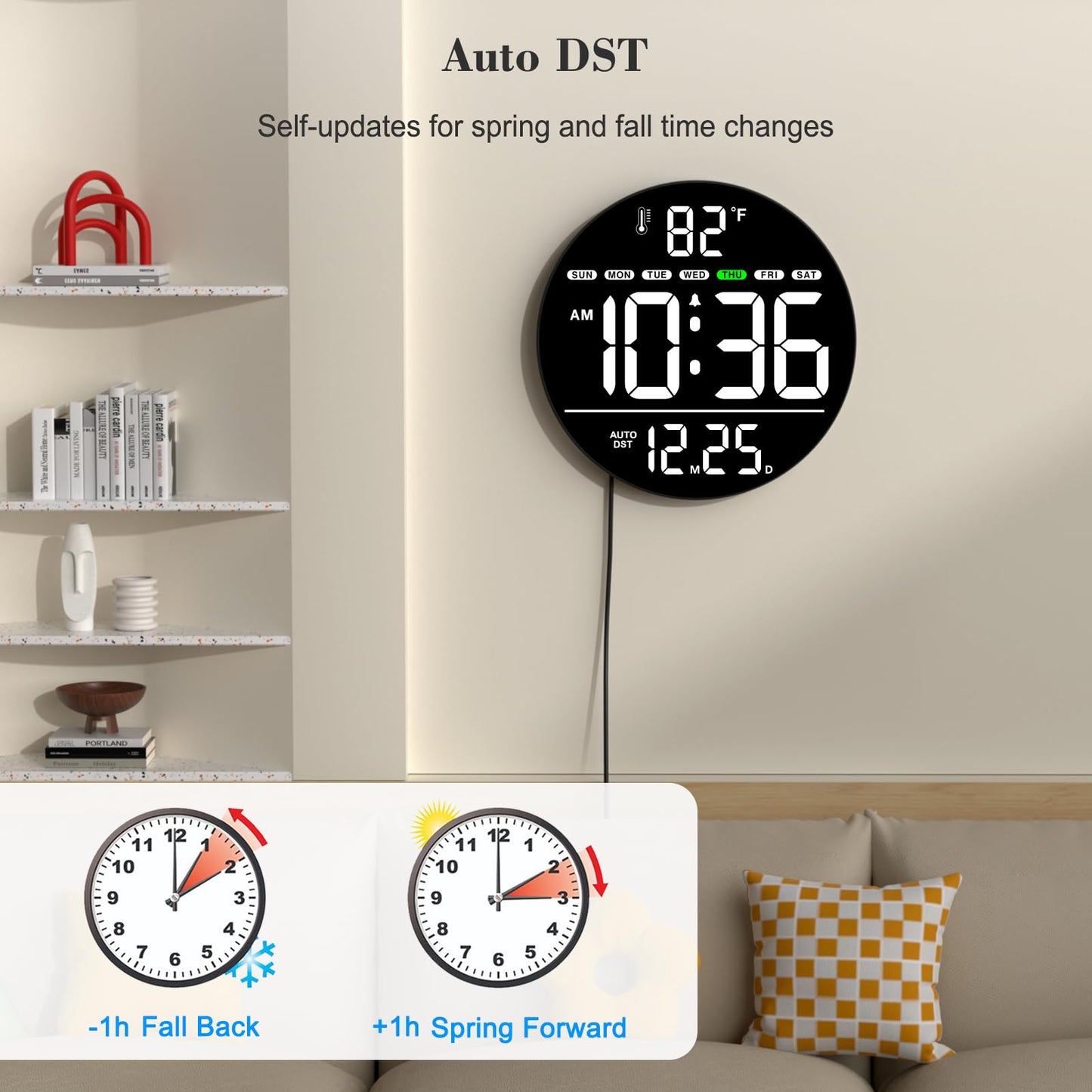 WallarGe Large Digital Wall Clock with LED Display, Electric Wall Clock with Temperature, Auto DST, Date, and Day, 5-Level Brightness for Office, Bedroom, Living Room, Classroom Décor