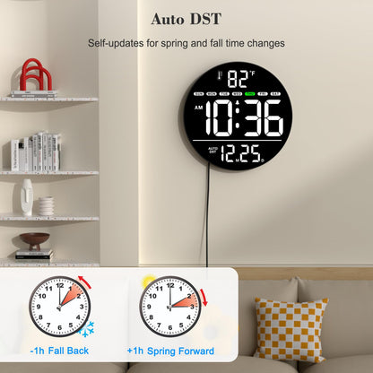 WallarGe Large Digital Wall Clock with LED Display, Electric Wall Clock with Temperature, Auto DST, Date, and Day, 5-Level Brightness for Office, Bedroom, Living Room, Classroom Décor