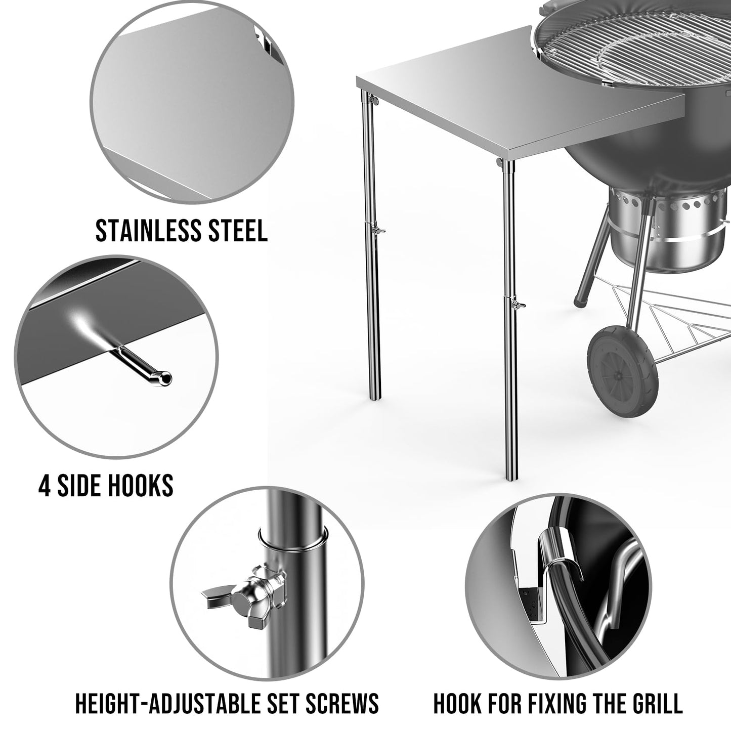 Charkettle Stainless Steel Kettle Grill Side Table/Shelf, Compatible with Weber 18"/22" Grills, Charcoal Kettle Grill Accessories with Adjustable Height