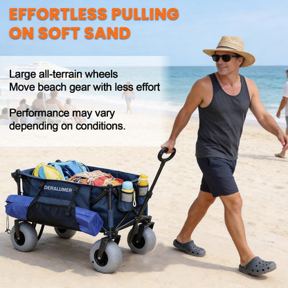 Deralumer X900 Beach Wagon with 9×4" Big Balloon Wheels for Sand, 48" Heavy Duty Folding Wagon with Expandable Tailgate & Side Bag, Collapsible Utility Cart for Beach, Camping, Fishing (Navy Blue)