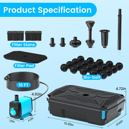 POPOSOAP Pond Filter Pump Fountain Kits with UV Clarifier, 660GPH/40W Pond Pump and Filter Kit for Outdoor Ponds Clearing Koi Pond Garden Fish Tank Aquarium Water Features