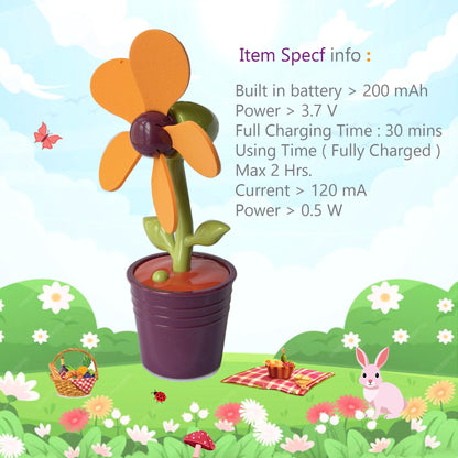 Mini Rechargeable Flower Pot Fan, Includes 2 EVA Blades (1 Purple and 1 Orange) USB-C Charging, 200mAh Battery, Decorative Desktop Fan,