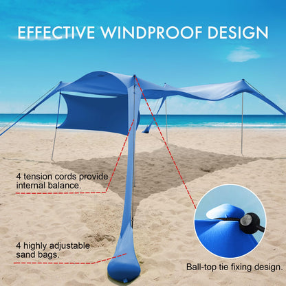 Beach Canopy Tent Shade with Sidewalls 10x10FT, 6.6FT Tall, UPF50+ Sun Shelter, Windproof & Water Resistant, Includes Guylines Sand Shovel Stability Poles, Easy Up for Beach Outdoor Camping Backyard