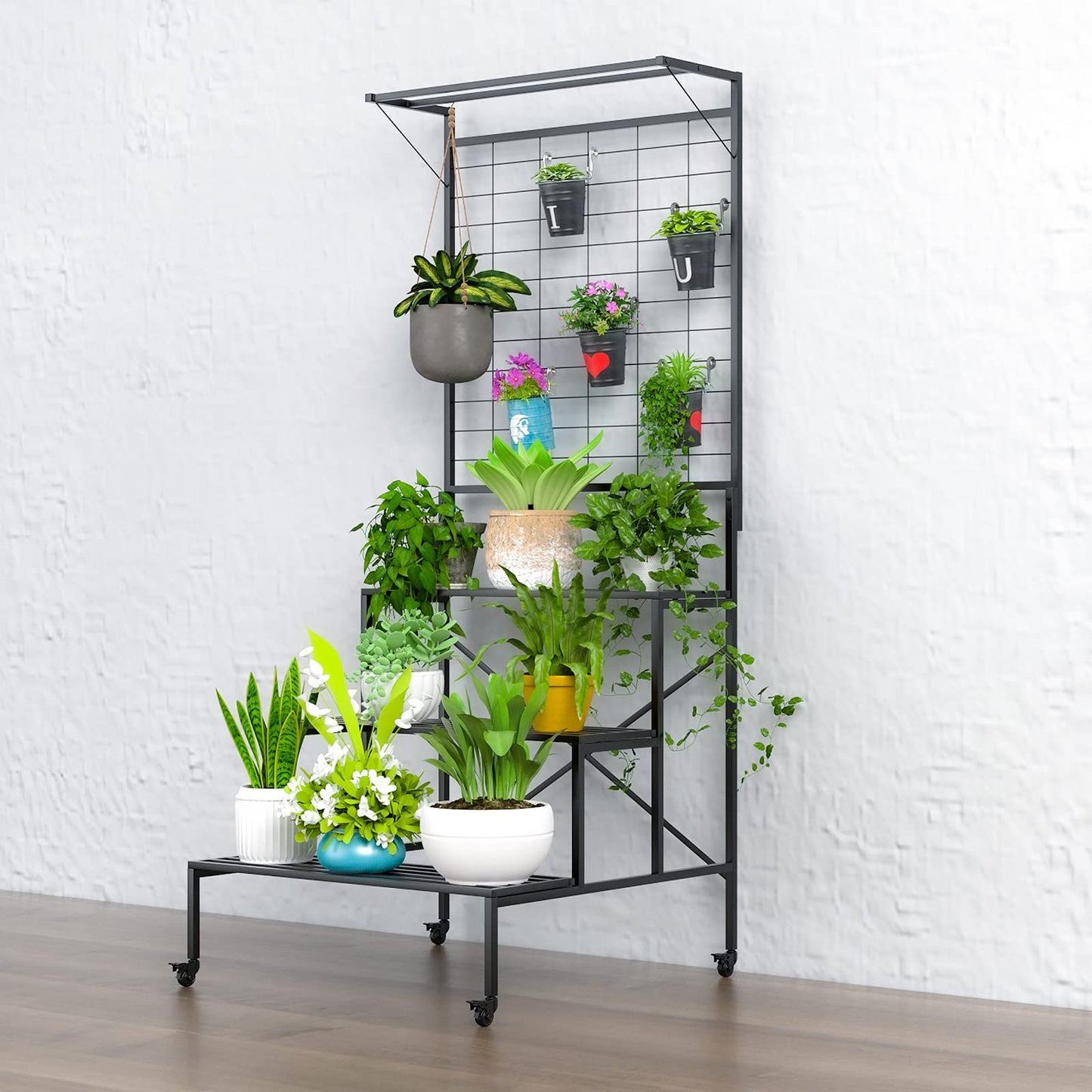 Zhongma 3 Tier Large Heavy Duty Plant Stand with wheels, Tall multi layer Plant Holder with Hanging Plant pot shelf, 35.43 x 33.27 x 80.7inch, Each Tier: 35.43 L x 10.5W, Easy to Hold Large Plant Pot