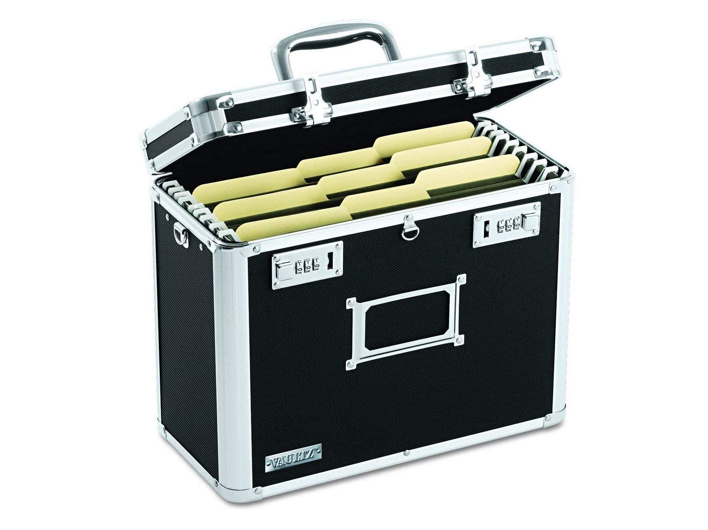 Vaultz File Organizer Storage Box - 14 x 7 x 12.19 Inch Letter Size, Portable Locking Storage Totes with Dual Combination Locks for Filing Office Documents - Black
