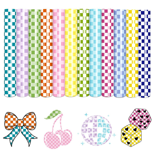 Tintnut Colorful Checkerboard Heat Transfer Vinyl, 12 Sheets 12"x10" Assorted-Size Checker Patterned Iron on Vinyl for DIY T-Shirts, Apparel & Craft Projects