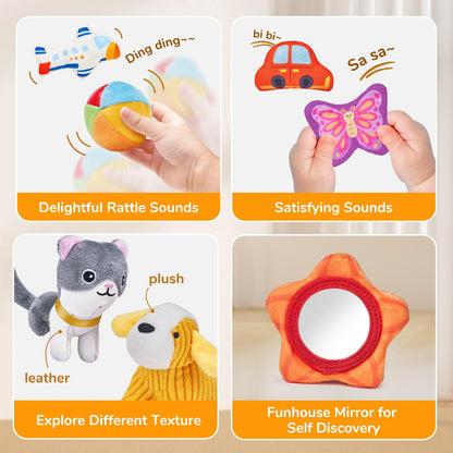 JoyCat Baby Toys 6-12 Months - Mystery Soft Box with 10 Sensory Objects, Rattle, Crinkle Paper, Mirror - What's Inside Box Infant Gifts, Soft Busy Toys 1-2 - Baby Easter Basket Stuffers Gifts