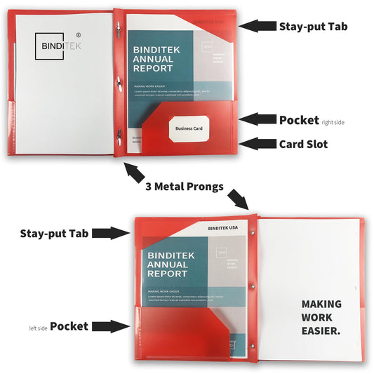 Binditek 18 Pack Heavyduty Plastic 2-Pocket Folders with Prongs and Clear Front Pocket, 3 Prong File Folders with Pockets and Card Slot, 20 Mil Thick, 100 Sheet Capacity, Assorted Color, Letter Size