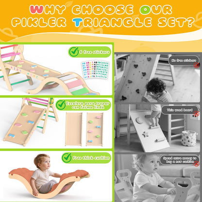 Acenova Pikler Triangle Climbing Set with Cushion and DIY Name Stickers, Montessori Wooden Climbing Gym for Toddlers, Indoor Jungle Gym, Dinosaur Pikler Triangle Arch Ramp Climber Toy