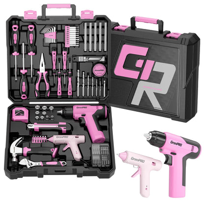 GRENPRO Pink Tool Set Drill Set, 188PCS Tool Kit For Home with Pink Cordless Drill Power, Hand Tool Kit for Women, Basic Household Auto Car Repair Tool Box for Men, Portable Storage Box Tools Sets