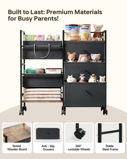 2-in-1 Baby Diaper Caddy Organizer and Storage-3 Tier Rolling Baby Cart with Dividers and Drawers, Baby Essentials for Nursery Storage, Mobile Utility Cart with Wheels Large Capacity Easy To Assemble