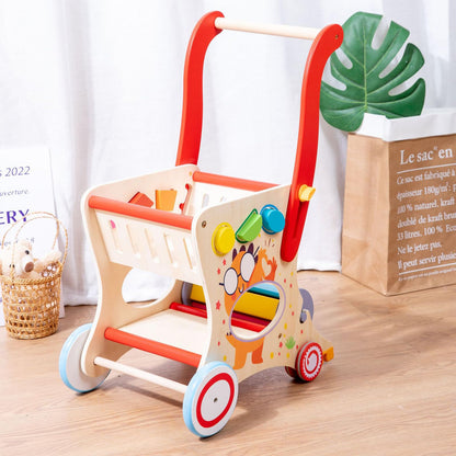 Dormlony Wooden Baby Push and Pull Walker with Wheels for Boy&Girls,Multiple Activities Kid’s Toy,Shopping Cart Sit to Stand Walker for Toddlers