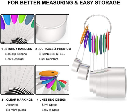 Measuring Cups and Magnetic Measuring Spoons Set, Wildone Stainless Steel 16 Piece Set, 8 Measuring Cups & 7 Double Sided Stackable Magnetic Measuring Spoons & 1 Leveler