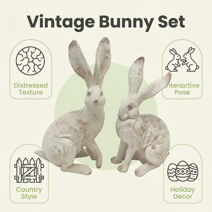 YimiBloss Easter Bunny Decorations Set of 2, 10 Inch Large Distressed Resin Rabbit Figurines, Spring Home Decor for Outdoor, Yard, Garden, Table，Farmhouse & Rustic Bunny Statues Decor Gifts (Large)
