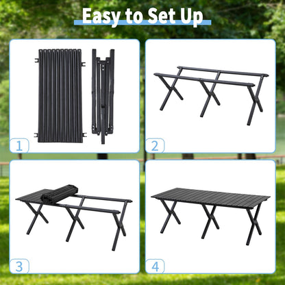 4Ft Aluminum Folding Camping Table, Portable Picnic Table, Outdoor Lightweight Collapsible Camp Table, Roll-up Camping Table for Beach,Party, Patio, BBQ, Travel, Backyard (Black Upgraded Version)