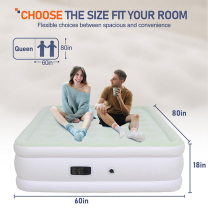 Outraveler Queen Size Air Mattress with Built in Pump, Inflatable Bed Blow Up Mattress 18in, Green White