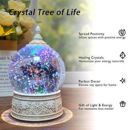 Obsidian Healing Crystal Tree Globe with Colorful Lights and Sparkling Glitter, Natural Gemstone Base, Spiritual Meditation, Positive Energy Good Luck, Home Decor, Birthday Gifts (Obsidian)