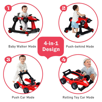 BABY JOY 4-in-1 Baby Walker, Foldable Activity Walker with Adjustable Height & Speed, Music, Lights, Anti-Rollover, Toddler Push Walker, Baby Walker with Wheels for Boys Girls 6-18 Months (Red)