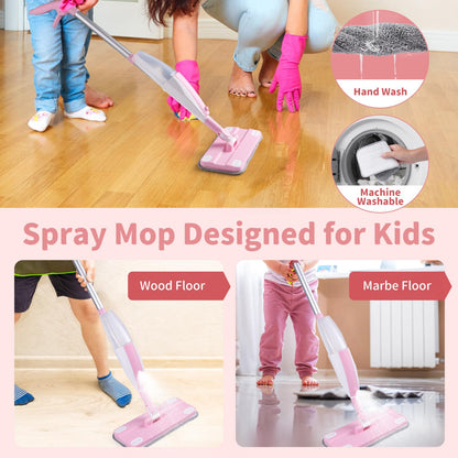 Lullulii Kids Spray Mop,Fun & Functional Toddler Cleaning Set,Real Working Mop for Floors,Pretend Play – Includes Spray Bottle, 2 Washable Microfiber Pads, Montessori Kids Cleaning Toy Set -Pink