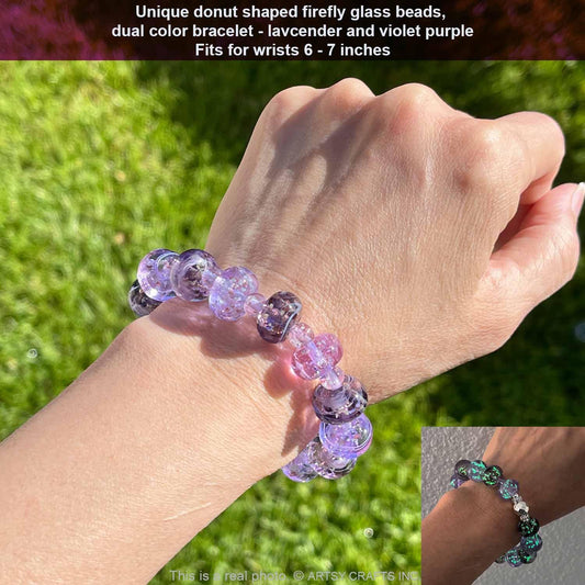 ARTSY Crafts Glow in The Dark Firefly Beads Bracelet, Handmade in USA, Colorful Donut Shaped Luminous Murano Glass Beads Jewelry Mermaid Crystals Inspirational Gift (Lavender + Violet)