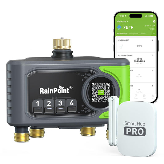 RAINPOINT WiFi Sprinkler Timer 4 Zone, Outdoor Smart Water Timer for Garden Hose with Brass Inlet&Outlet, Custom Programs via APP/Voice Control for Automatic Watering System