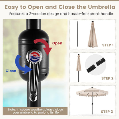 Tangkula 9 FT Solar Patio Umbrella, 2-Tiers Scalloped Outdoor Table Market Umbrella with 32 LED Lights, Vented Top, Tilt Adjustment, Crank, 8 Ribs for Backyard Poolside Deck Beach Lawn (Beige)