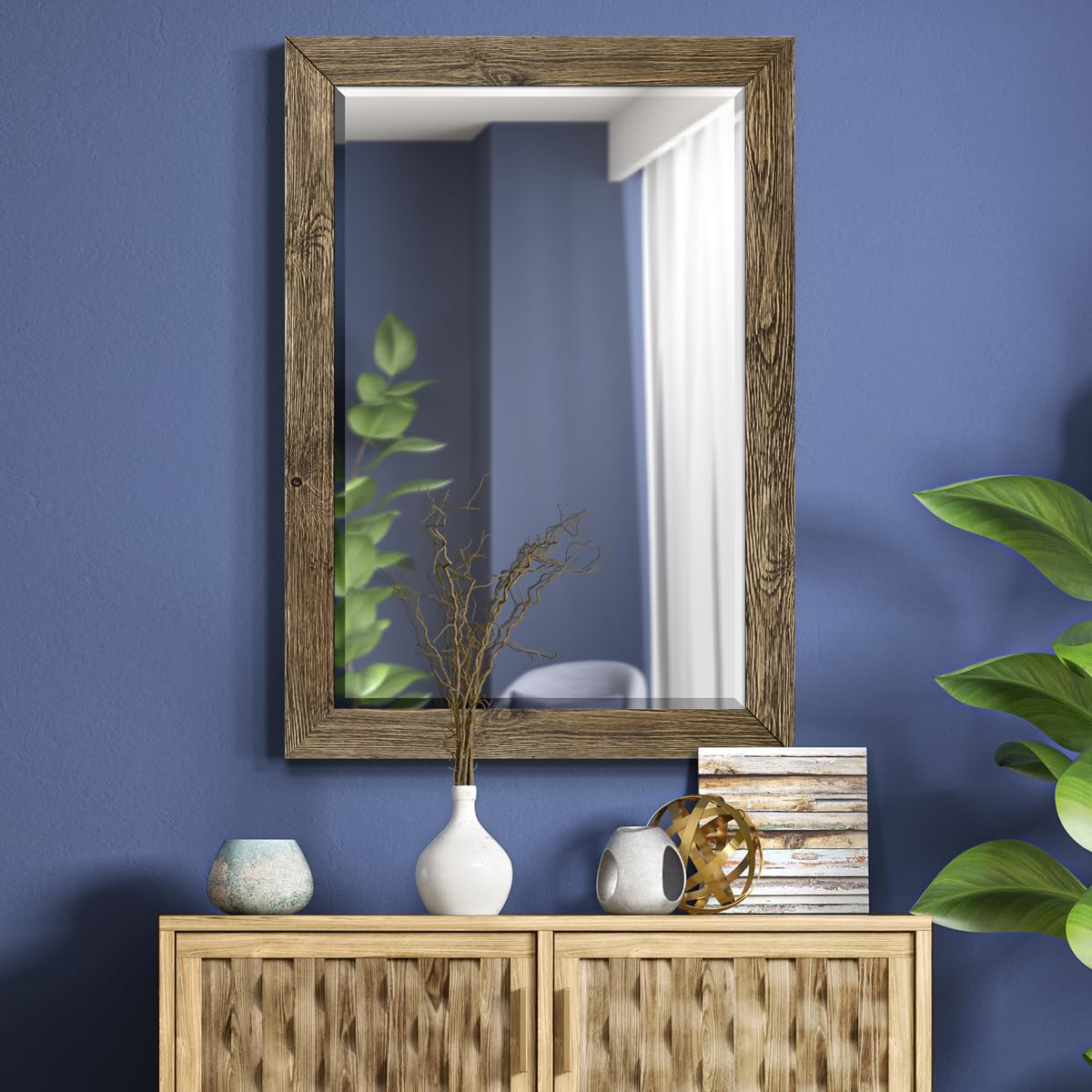 Renditions Gallery Rectangular Dark Room Walnut Wooden Framed Body Mirror Decor Farmhouse Wall Mounted Horizontal Decorative Mirror for Bedroom Living Room Bathroom - 41"x29" LT07