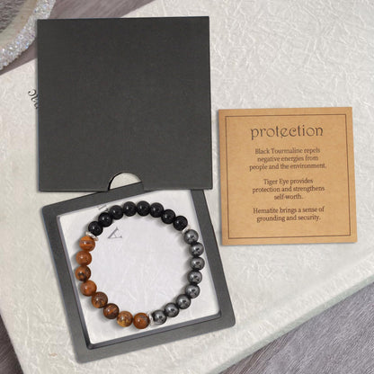 VECO-T Energy Mens Beaded Bracelets,Triple Protection Bracelet for Men,Made of Three Kinds of 8mm Beads (Black Obsidian Hematite Tiger Eye Beaded), Personalized Gifts for Men