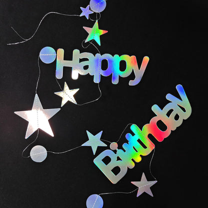 Leekryeton Happy Birthday Banner, Birthday Decorations for Women & Girls, Iridescent Holographic Star Circle Dot Garland Sign, Hanging Streamers Party Decor with Aurora Rainbow Effects