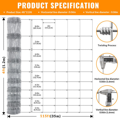 Cattle Farm Fence 4ft x 115ft Heavy Zinc Coating Galvanized Wire Fencing 16GA, for Goat Deer Yard Livestock Animals Protection