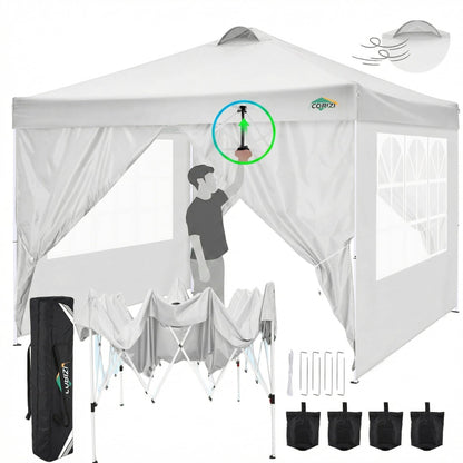 COBIZI 10x10 Pop Up Canopy Tent, One Push Outdoor Gazebo with 4 Removable Sidewalls & Air Vent, Waterproof Commercial Easy Up Adjustable Canopy with 4 Sandbags, 4 Stakes & 8 Ropes for Party, White
