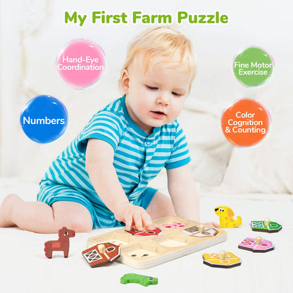 JoyCat Wooden Puzzles for Toddlers 1-3, Montessori Toys for 1 2 Year Old Boy Girl Birthday, Animal Match Farm Peg Puzzles, Preschool Learning Toys for Toddlers Age 1-2