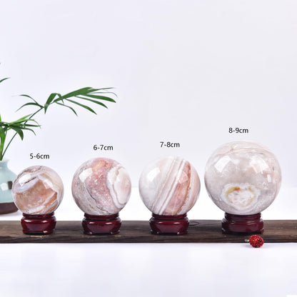 JIC Gem Natural Pink Agate Crystal Sphere Pink Crystal Decorative Ball with Wooden Stand Meditation Balls for Witchcraft Reiki Healing Gift 50-60mm