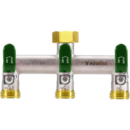 Yayamz 3 Way Garden Hose Splitter, Heavy Duty Brass Nickel Plated Rust Resistant Faucet Manifold, 3/4" Frost Resistant Outdoor Hose Adapter Connector，Hose Spigot Adapter with 3 Large Green Handles