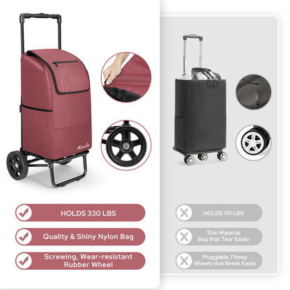 KEDSUM 2 in 1 Shopping Carts for Groceries, 330 lbs Grocery Cart on Wheels, Foldable Utility Carts with Wheels, Load-Bearing Hand Truck with Waterproof Bag for Shopping, Camping, Laundry, Garden, Red