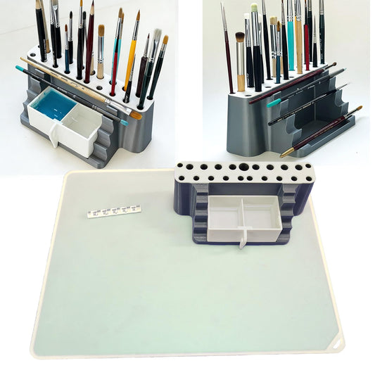 QIXIN Paintbrush Storage Set - Sturdy Organizer with Pen Tray & Leak-Proof Pad, Ideal for Artists, Hobbyists & Crafters (Rectangular)