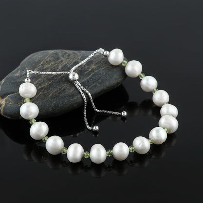 CRYSTALIS Natural Peridot And Natural FW Pearl Beaded Bolo Bracelet, Elegant Beads Crystal, Chakra Bracelet, Healing Bracelet, Gemstone Jewelry, 925 Sterling Silver Slider 10 inch, Gift for Princess