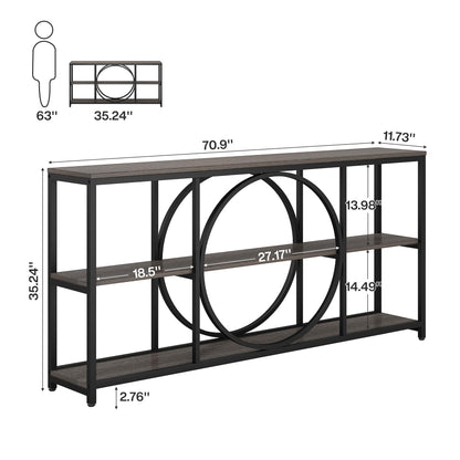 Tribesigns 70.9 inch Sofa Console Table, Extra Long Narrow Entryway Tables with 3 Tier Wood Storage Shelves Metal Frame for Foyer Hallway Living Room Behind Couch, Black Rustic Gray