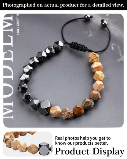 Beaded Bracelet for Men, 10mm Natural Stones Bracelet for Men's Gift, Adjustable Precision-Cut Gemstone Crystal Healing Bracelet, Protection Jewelry Gift with Hematite, Tiger Eye (Picture Stone & Hematite)